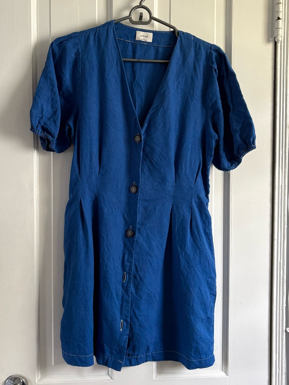 Aritzia Wilfred Linen Blue Button-Front V-Neck Mini Dress
